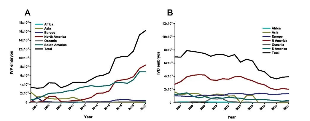 图2：2003-2022年各大洲牛胚胎生产数量。（A）体外 IVP胚胎；（B）体内 IVD胚胎